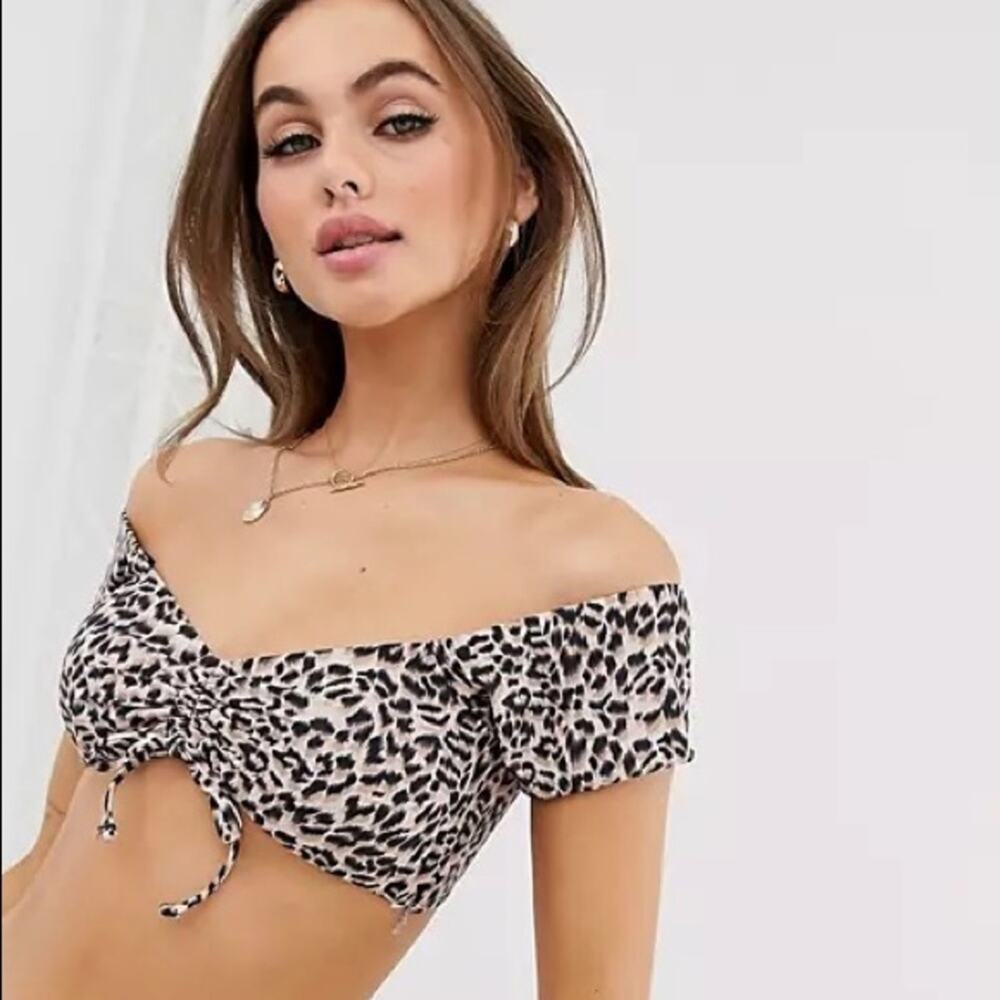 OASIS Bardot Bikini Top Leopard Animal Print Swim Beach Pink NWT Size UK12/US8